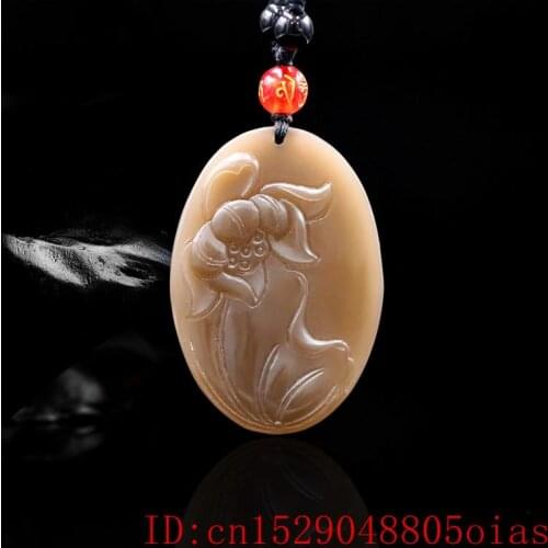 Brown Jade Lotus Pendant Amulet Jewelry Fashion Natural Charm Women Necklace Carved for Gifts Chinese Flower Jadeite