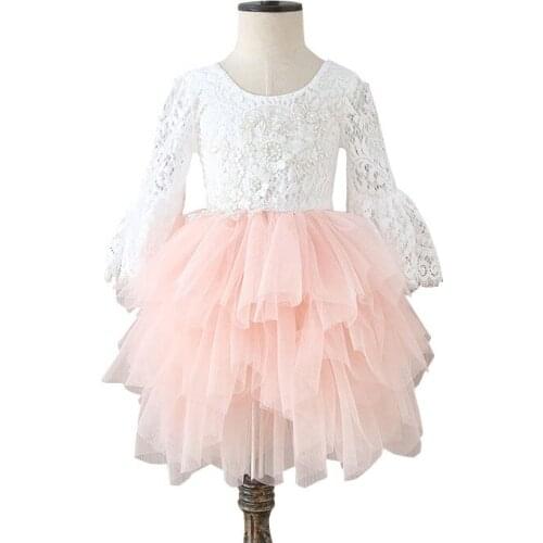 Little Baby Girls Pearl Lace Princess Dress Kids Backless Flare Sleeves Mesh Ball Gown Layered Birthday Party Dresses for Girl