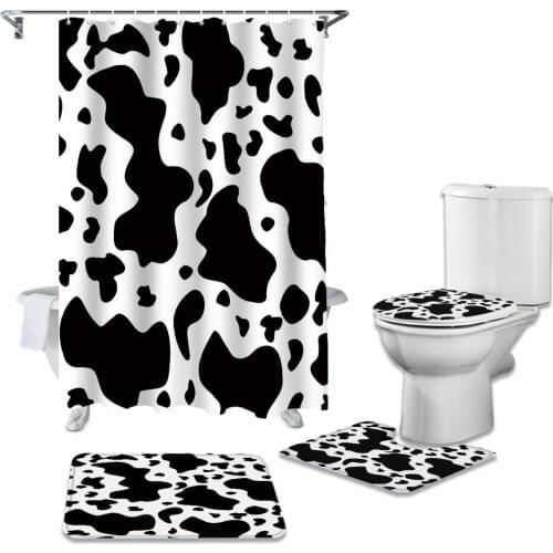 Black White Graffiti Cow Spot Shower Curtain Sets Non-Slip Rugs Toilet Lid Cover and Bath Mat Waterproof Bathroom Curtains