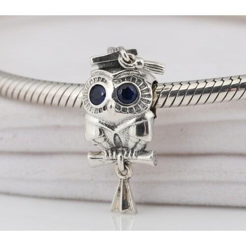 Authentic S925 Silver Bead Graduation Owl Charm fit Lady Bracelet Bangle DIY Jewelry Blue CZ