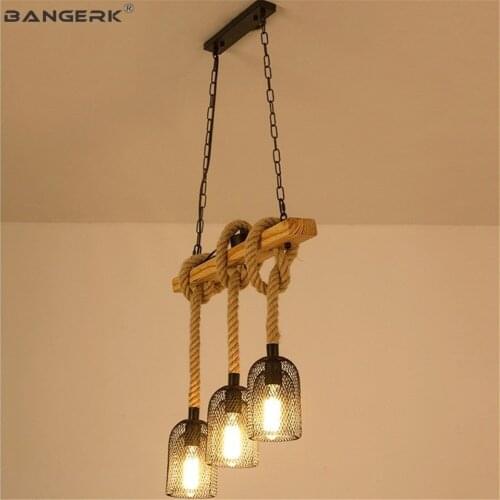 Loft Decor Iron Wood Pendant Light LED Edison Industrial Vintage Lighting Dining Room Hanging Lamp Hemp Rope Home Droplight