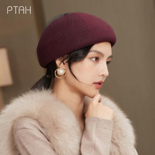 [PTAH] Elegant Women Beret Temperament 100% Australian Wool Beanie Vintage Plain Beret Lace Soild Color Caps Ladies High Quality