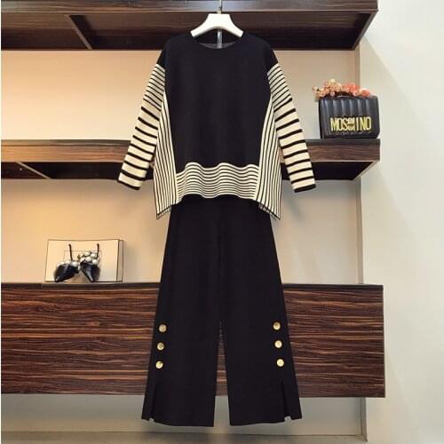 Autumn winter fashion all-match sweater + high-waist knitted wide-leg pants two-piece suit ensemble femme survetement