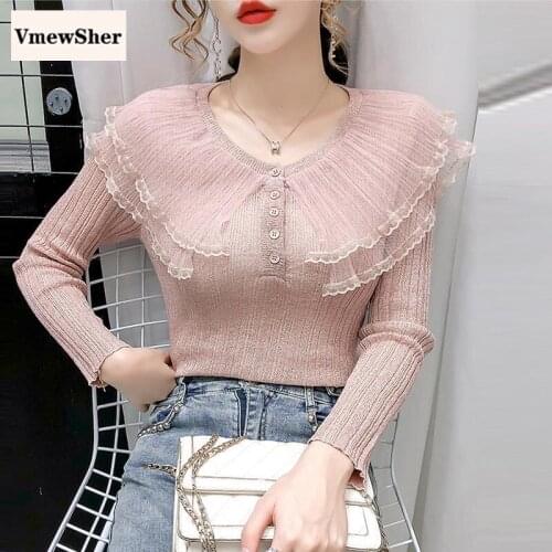 VmewSher New Elegant Women Sweater Mesh Lace Splice Petter Pan Collar Knitwear Slim Autumn Pullover Elastic Jumper Sweet Top