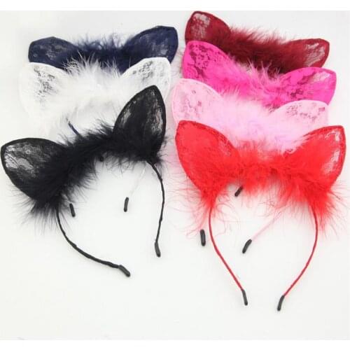 New Cute Hairy Feather Lace Cat Ears Hair Band Solid Color Halloween Headdress Girls Women Hair Accessories