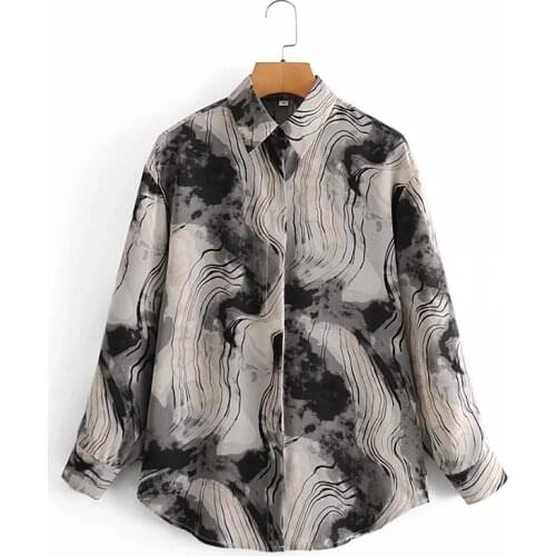 Womens Fashion Retro Ink Printing Long-Sleeved Shirt Loose And Versatile Spring New Style