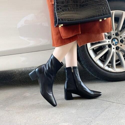 MORDOAN Genuine Sheepskin Lady Boots Women Thick-soled Retro British Style Zipper Square Toe Ankle Boots Women