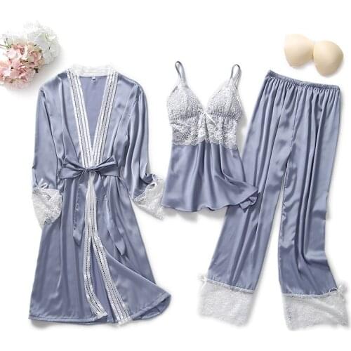 Daeyard 3 Pieces Silk Pajama Sets For Women Sexy Lace Trimmed Cami And Pants Summer Autumn Pyjamas Sleepwear Female Robe Pj Set