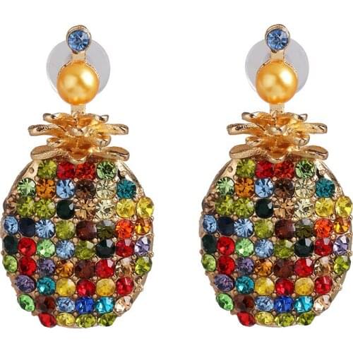 Rainbow CZ Crystal Pearl Pave Pineapple Fruit Dangle Drop Earrings For Women