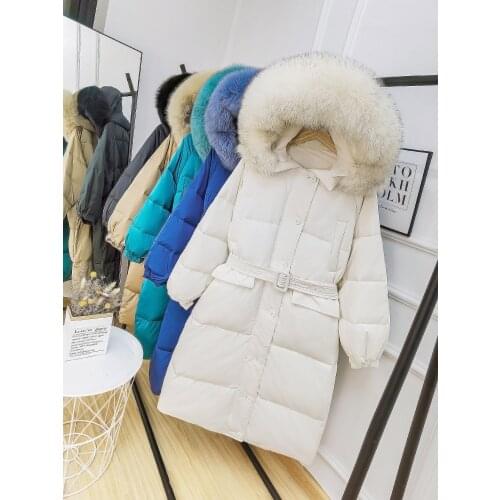 90% White Duck Down Coat Winter Jacket Real Natural Fox Fur Winter Loose Women Down Parkas Thick Warm Hooded Overcoat With Belt