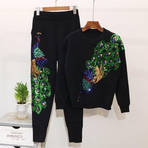 Autumn Fashion Black Knitting Suit Women Sets Sequins Peacock Sweater Long Pants 2 Piece Set Female Casual Knitted Tracksuit 2pc