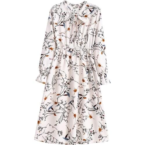 Fashion Bowknot Chiffon Midi Dress Women Vintage Long Sleeve Elastic Waist Spring Autumn Floral Print Flare Sleeve Dresses Party