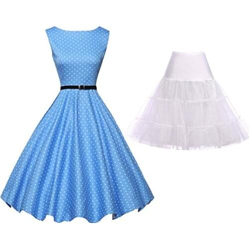 Women 50s Sleeveless Belt Retro Red Dress White Black Polka Dots Vintage 60s Rockabilly Swing Pin Up Gala Dresses Petticoat