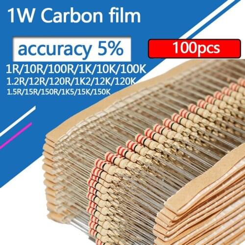 100pcs/lot 1W Carbon film resistor Four color circle 100R 10R 1R 1.2R 1.5R 12R 15R 100K 120K 150K 1W resistance