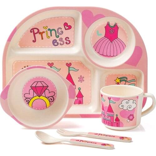 5Pcs/Set Baby Tableware Bamboo Fiber Safety Feeding Food Plates Cartoon Theme Infant Anti-hot Utensils Toddler Training Dishes