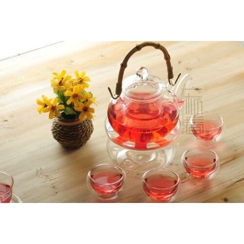 800ml Bamboo handle Glass teapot with infuser/filter+ 4/6 Cup + Warmer+candle,tea set for Loose leaf/flower/white/black/puer tea