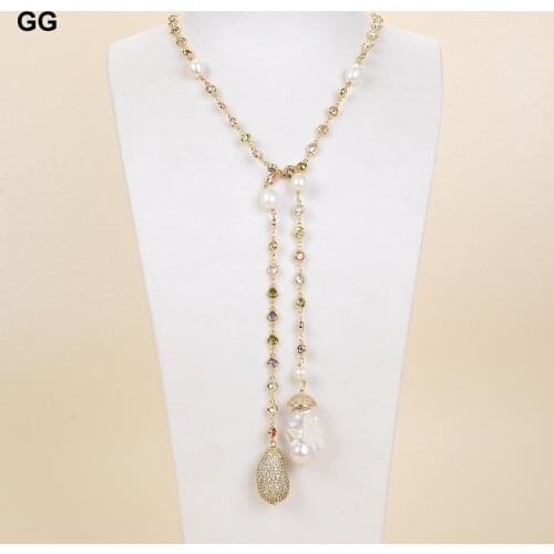 GG Jewelry 49" White Keshi Pearl multi color Cz Pave Chain Long Necklace