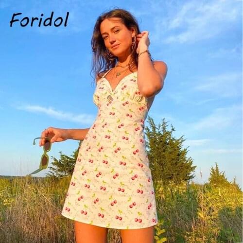Foridol Cherry Print White Summer Beach Dress Women Spaghetti Strap Backless Lace Up Short Mini Vintage Dress Holiday Dress 2021
