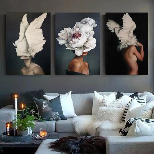Canvas Painting Avatar Girl Abstract Angel Wing Feather Flowers Wall Art Print Poster Bedroom Living Room Modern Home Decoration
