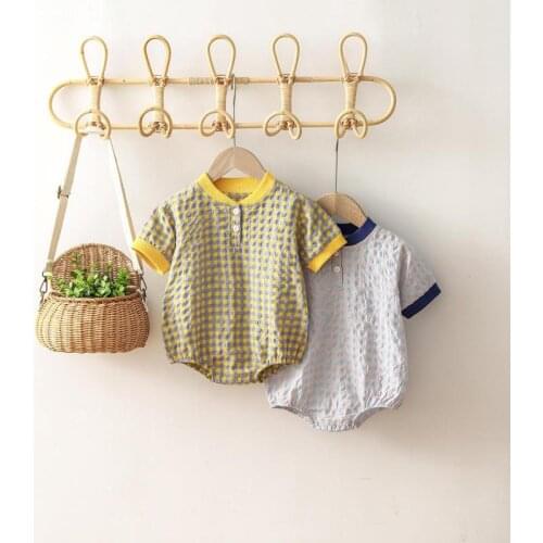 2021 Summer New Baby Boys Bodysuit Infants Clothes Korean Plaid Pure Cotton Short Sleeve Jumpsuit Climbing Clothing 0-12m Babies