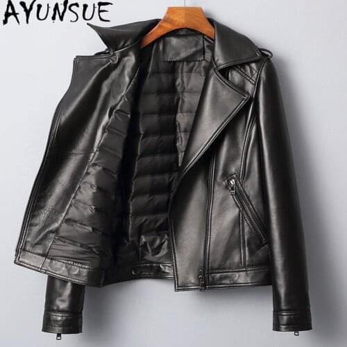 AYUNSUE real Sheepskin Coat Female Motorcycle Genuine Leather Jacket Women 90% White Duck Down coats Plus Size 2021 Femme Veste