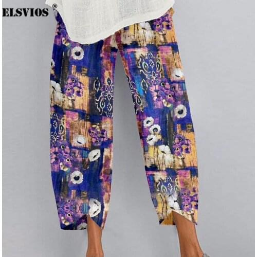 Summer Fashion Loose Plus Size Elastic Waist Cropped Pants Casual Irregular Wide Leg Pants Multi-color Print Cotton Linen Pants