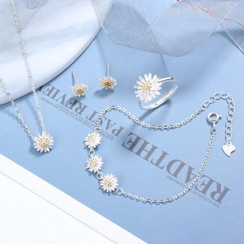 Fashion 2020 S925 Sterling silver Daisy Necklace Chrysanthemum Stud Earrings Bracelet Ring Jewelry for Women Christmas Gift