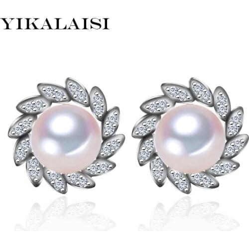 YIKALAISI 925 sterling Silver Jewelry For Office Women Flower Natural Freshwater 8-9mm Pearl jewelry earrings