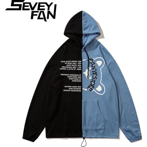 SEVEYFAN Mens Contrast Stitching Hoodie Loose Round Neck Hooded Sweatshirt Fashion Hip-Hop Hooded Pullover