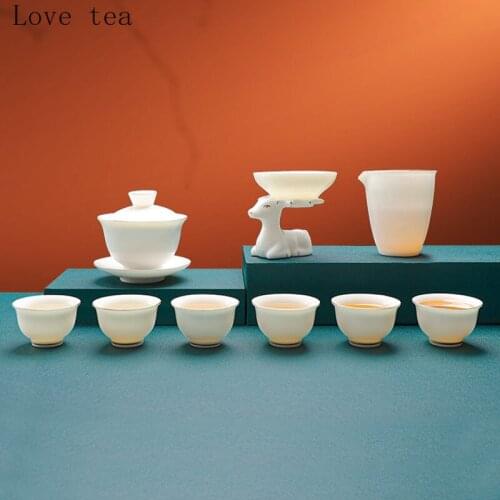 Suet Jade White Porcelain Set Kung Fu Tea Set Home Living Room Office Meeting Guest Dehua Tea Making Ceramic Cover Bowl