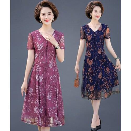 Middle-aged and elderly dress women summer 40-year-old Flower printed dress casual mid-length dress mid-length Mesh Vestidos