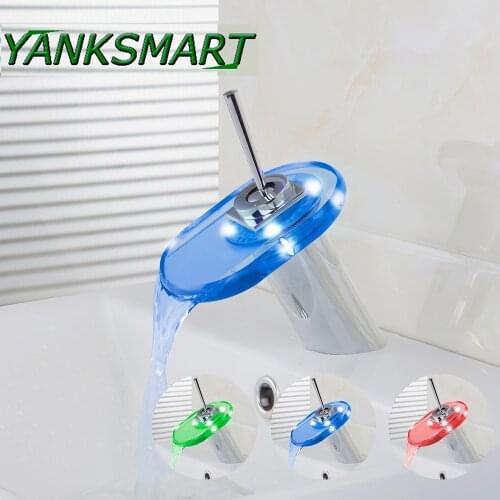 YANKSMART Bathroom Facet Glass Single Handle Hole Tap Chrome polish Mixer Taps Waterfall Bathroom Basin Faucet LED Color Change