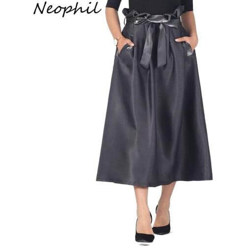 Neophil A Line Midi Skirts Womens Winter Bow Sashes High Waist Pocket Shining Fabric Vintage Style Lady Solid Party Skirt S9603