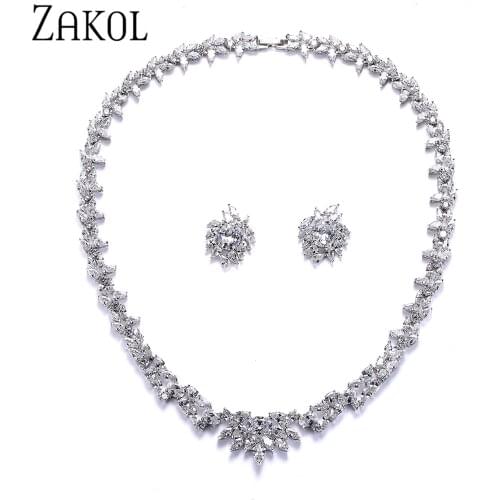 ZAKOL Luxury White Color Water Drop Cluster AAA+ Cubic Zirconia Fashion Jewelry Set For Bridal Wedding Jewelry Drees FSSP156