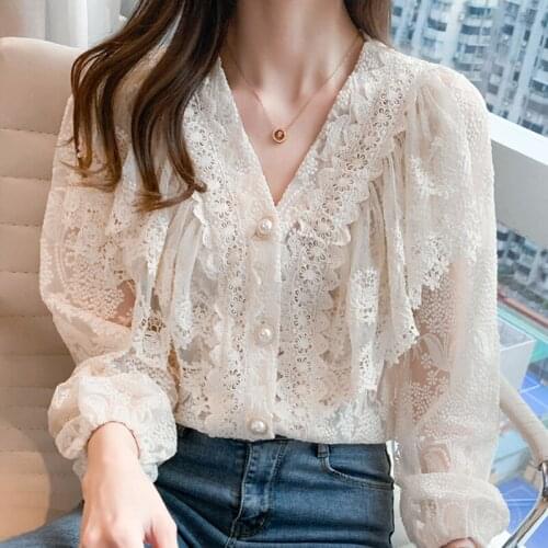 Long Sleeve Blouse Women Blusas Mujer De Moda 2021 Blouses Femme Top Ruffles V-Neck Hollow Out Lace Blouse Shirt Tops Women E298