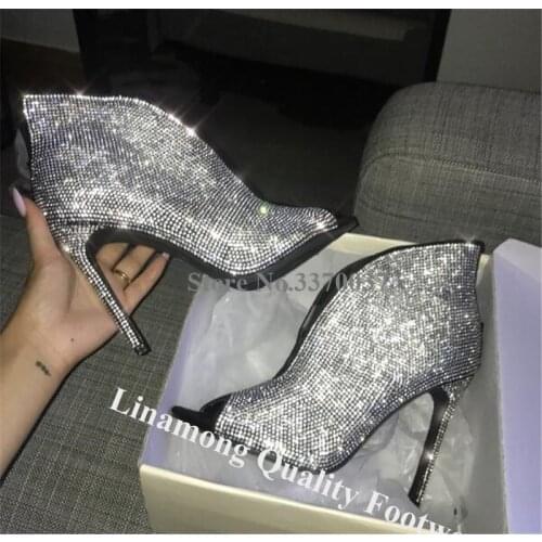 Women Shining Bling Bling Open Toe Stiletto Heel Rhinestone Short Boots Slip-on V Shape High Heel Ankle Booties Wedding Shoes
