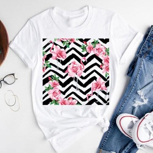 Women Graphic Cartoon Striped Flamingo Watercolor 2021 Short Sleeve Summer Fashion Print Female Clothes Tops Tees Tshirt T-Shirt