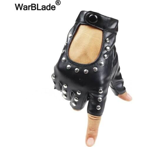 WarBLade Women Rivets PU Leather Gloves Half Finger Mens Rivet PU Gloves Female Sexy Cutout Fingerless Gloves Luva