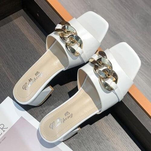 2021 Fashion Square Toe High Heel Slippers Ladies Elegant Chain Peep Slides Sandal Shoes Flip Flop Indoor Ytmtloy House Mule