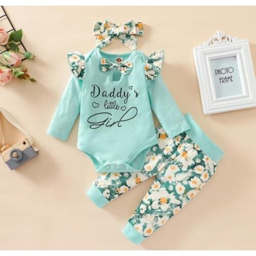 3Pcs Baby Girls Outfit Set Bow Tie Long Sleeve Hollow Letter Romper Floral Printing Long Pants Headwear Fall Spring Babys Sets
