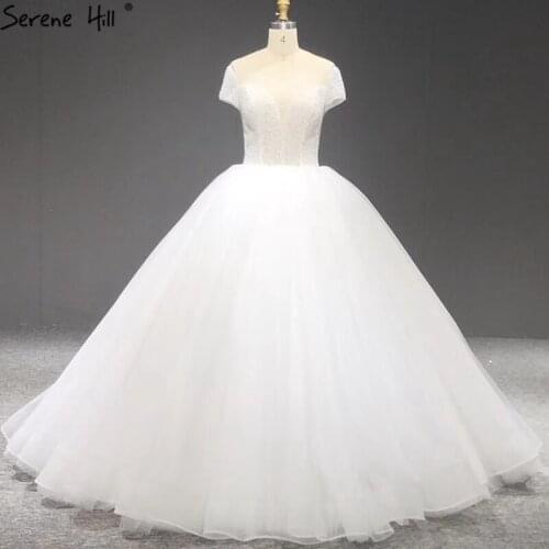Serene Hill White O-Nekc Sparkle Lace Up Wedding Dress 2020 Short Sleeve Beading Simple Sexy Bridal Gown Custom Made CHA2384