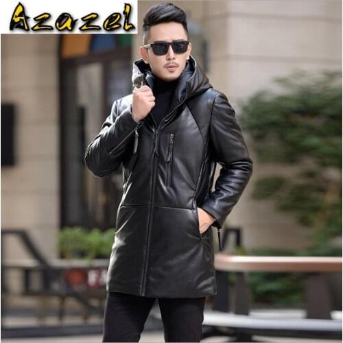 Brand Korean Plus Size Mens Long leather jacket Men Winter Warm White duck down Outwear Hooded Coats male Fashion Jackets M-4XL