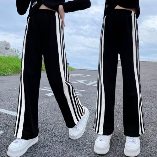 Girls Spring Autumn Casual Wide Leg Trousers For Children Side Black White Striped Pants Kids Fashion High Waist Loose Trousers