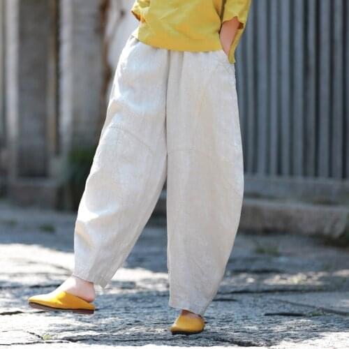Women Autumn Spring Linen Pants Ladies Solid Color Vintage Plus Size Elastic Waist Flax Pants Trousers Female Patchwork Pants