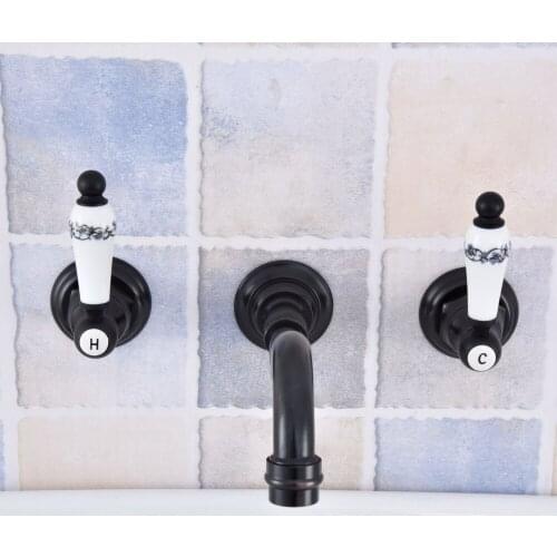 Black Oil Rubbed Bronze Widespread 3 Holes Bathroom Faucet Wall Mounted Dual Ceramic Handle Mixer Tap Lsf496
