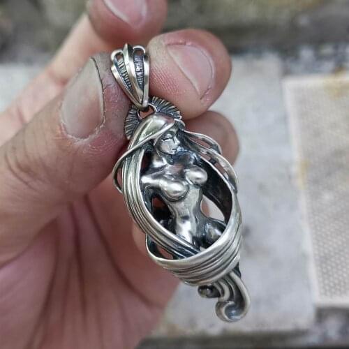 Long Hair Sexy Angel Pendant 925 Sterling Silver Mens Biker Rock Punk Pendant TA215 (Pendant Only)