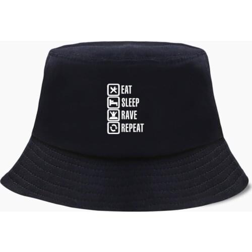 Eat Sleep Rave Repeat Bob Bucket Hats Summer Mens Panama Women Fisherman Hat Cotton Korean Black Caps Hip Hop Beach Print Cap