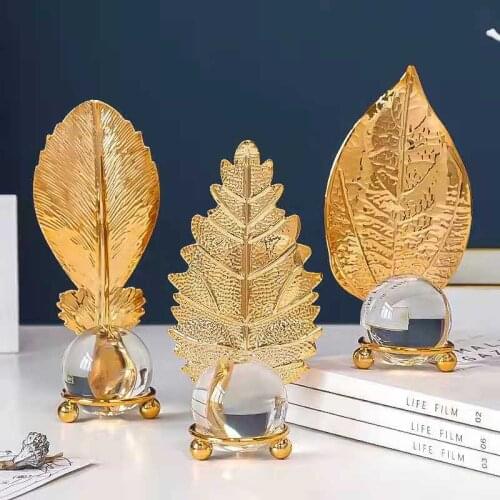 Nordic Golden Leaf Crystal Ball Modern Home Decoration Light Luxury Living Room Cabinet Decor Statues Miniature Metal Ornaments