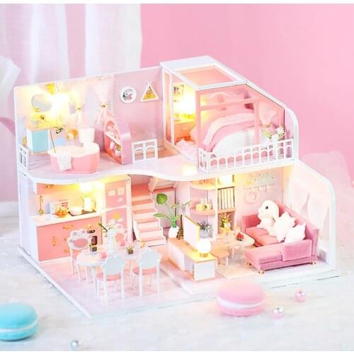 Girls Toy Doll House Model DIY Miniature Warm Pink Wooden Room Box Doll House Accessories Birthday Assembled Gifts For Girls