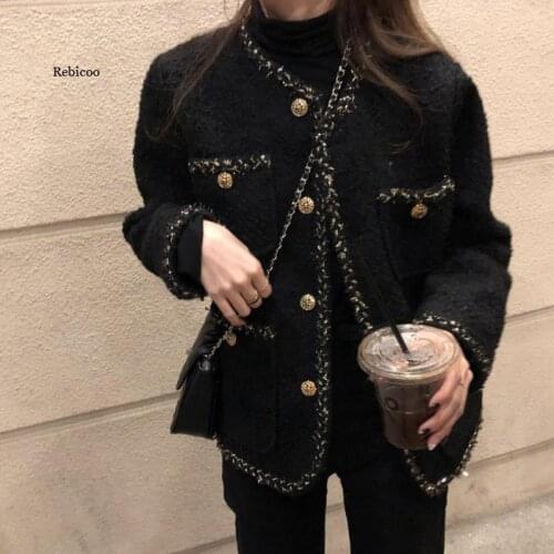 Rose red tweed jacket autumn womens jacket new long-sleeved hit color ribbon metal buckle jacket